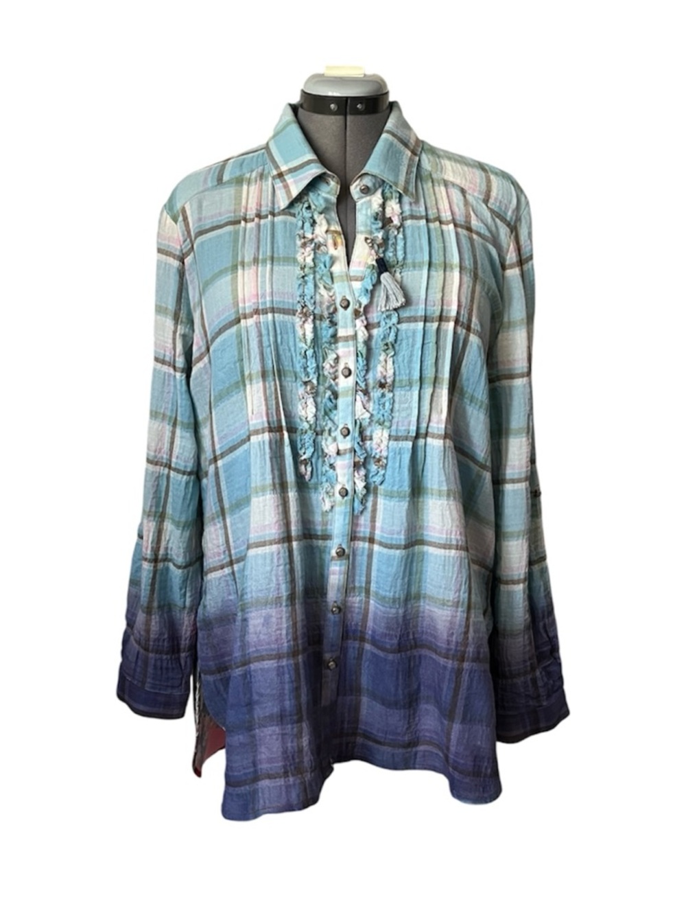 Aratta Silent Journey mixed media boho button shirt tunic L